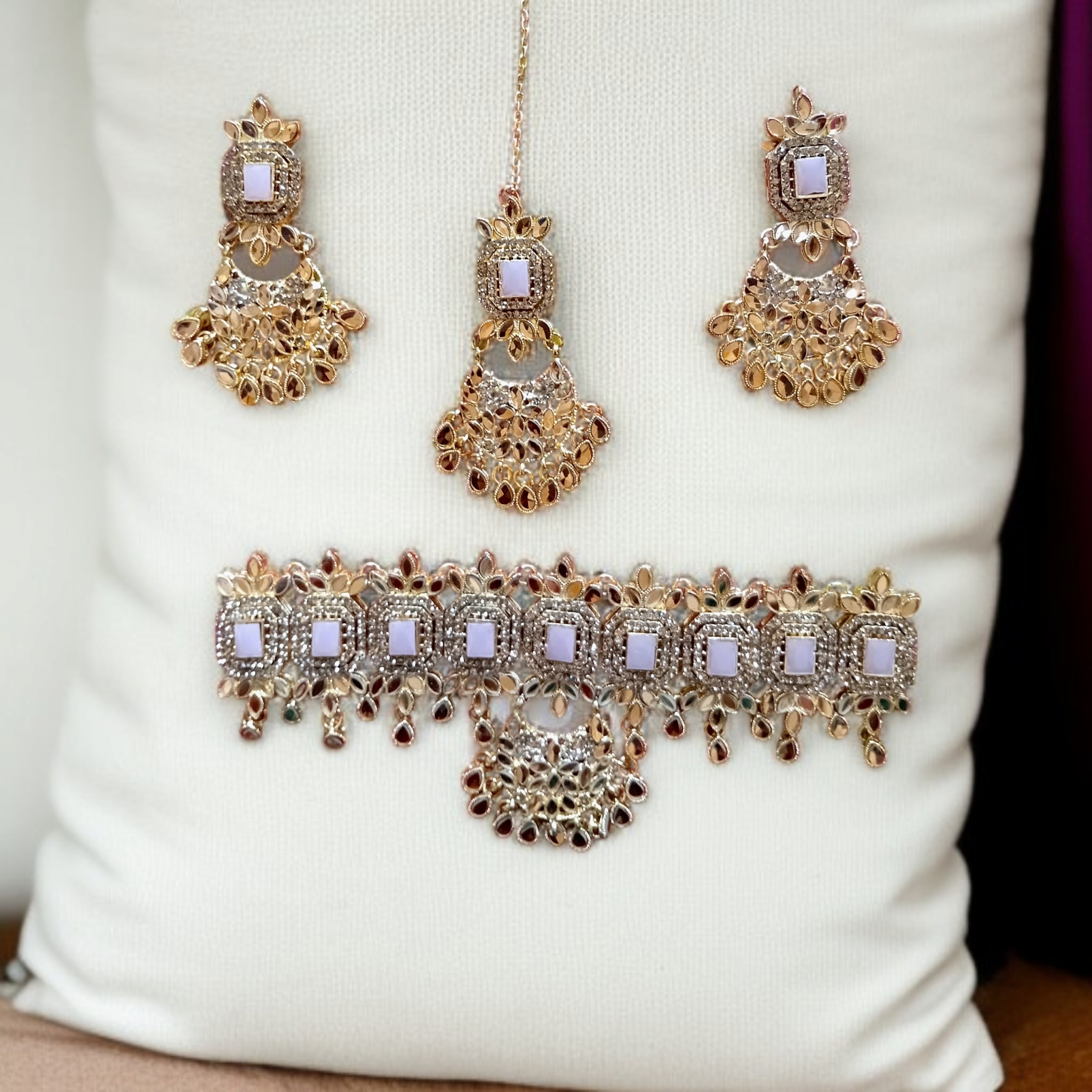 Buy Pink and Golden colour jewellery set with necklace , earrings and tikka at best price in Pakistan